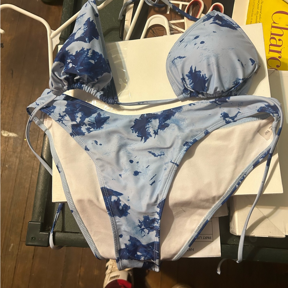 Blue tie dye bikini with mesh cover up top